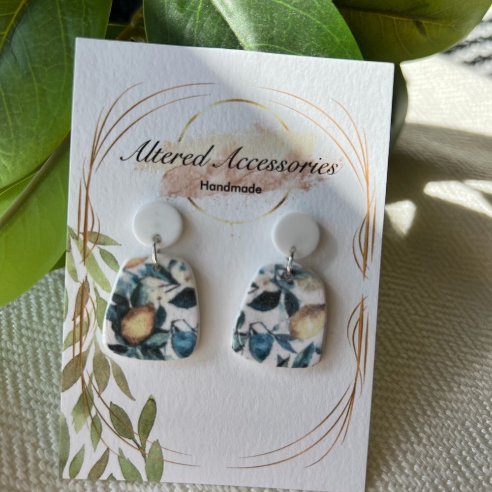 2/$30 Handmade Lemon Print White Stud Earrings